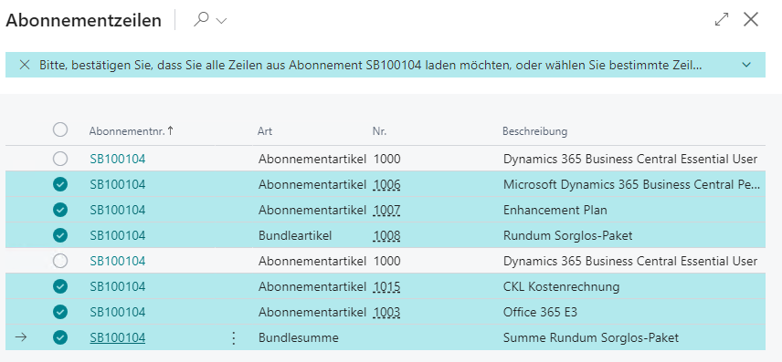 Aktion Abonnementzeile laden markieren