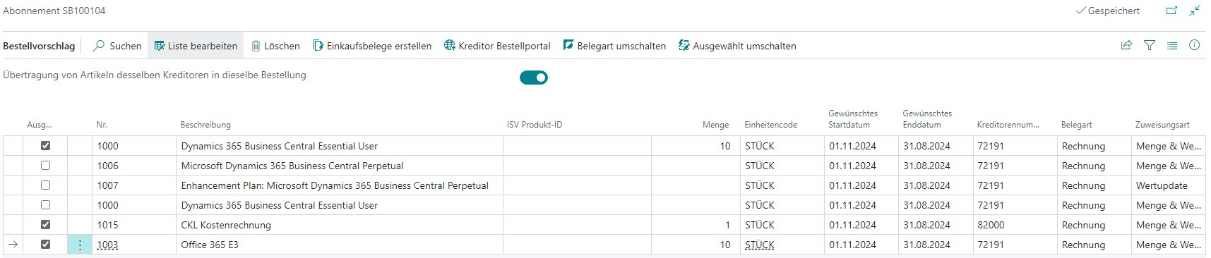 Aktion Einkaufsbestellung erstellen