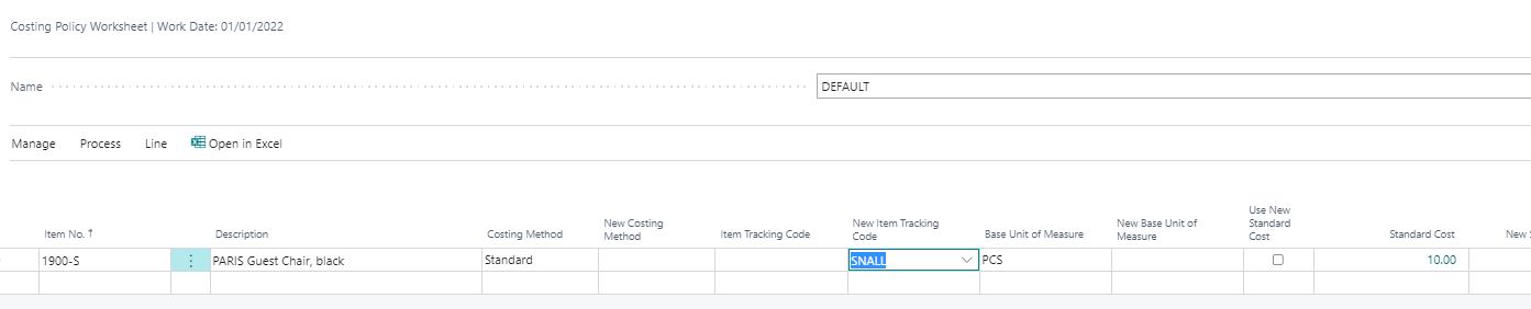 Costing Policy Worksheet - New Item Tracking Code