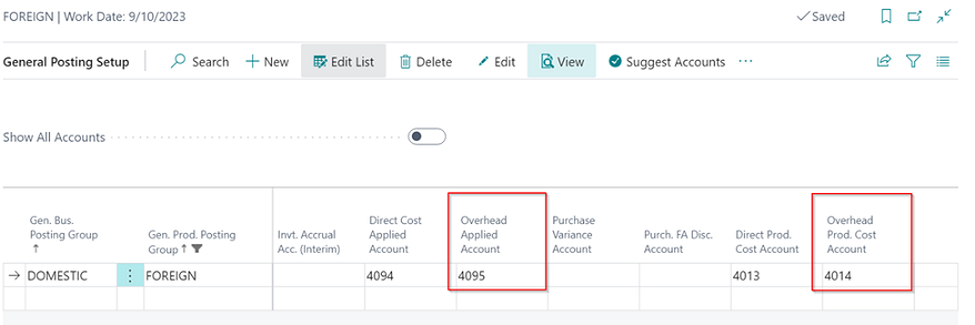 Example General Posting Setup - Capacity Entries Subcontracted Overhead Costs